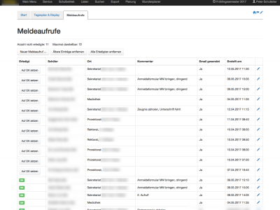 Meldeaufrufe für Stundenplandisplay inkl. Mail-Notifikation